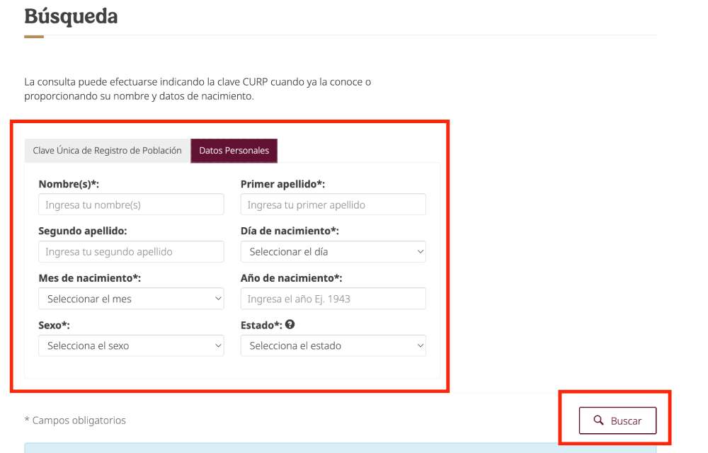 ingresar datos personales para encontrar el curp