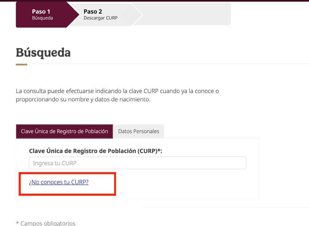 Datos necesarios para consultar la CURP por nombre